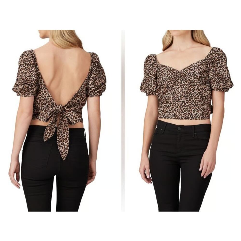 Marissa Webb Diane Leopard Puff Sleeve Open Back Crop Top Size M